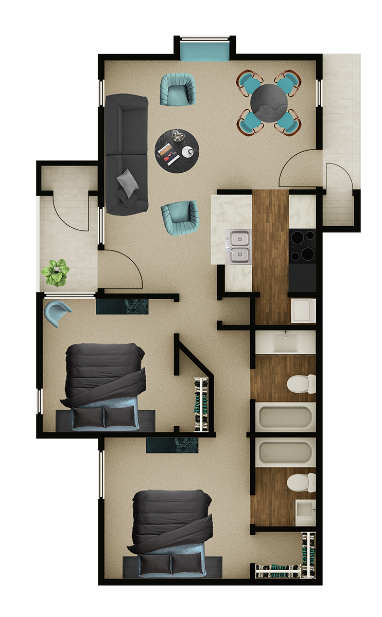 Floor plan for 2 beds, 2 baths, 825 sqft